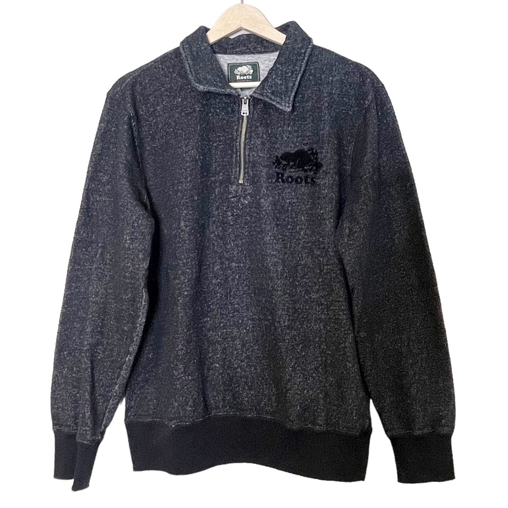 Roots Canada Men’s 1/4 Zip Collared Speckle Knit Velvet Logo Pullover Sweater S
